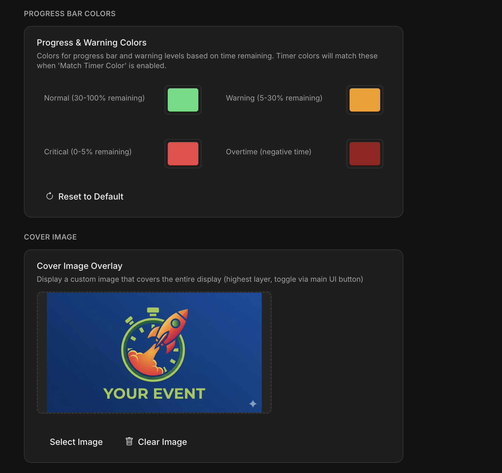 Rocket Timer progress bar colors and cover image settings