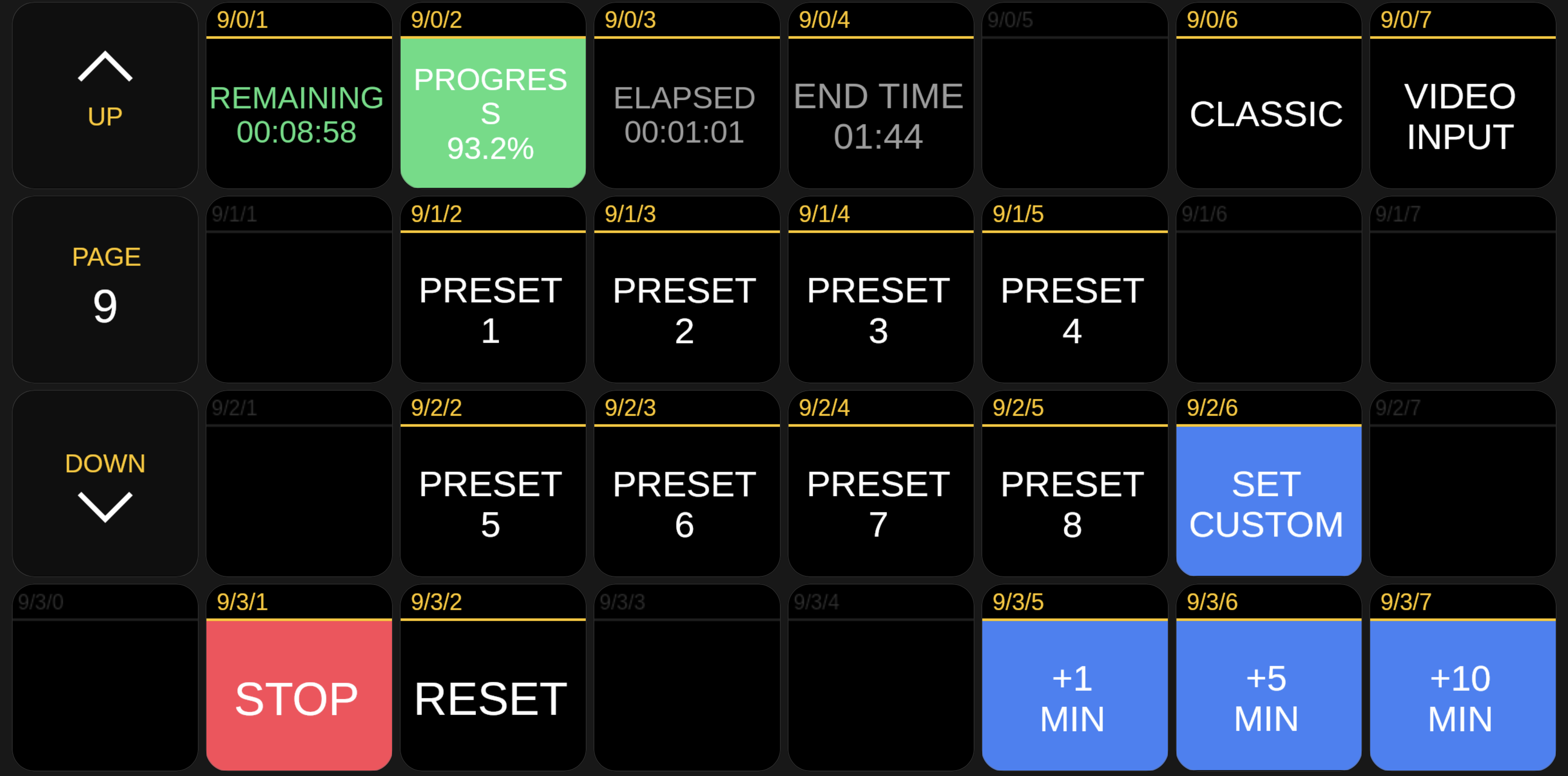 Bitfocus Companion layout for Rocket Timer with presets, controls, and status